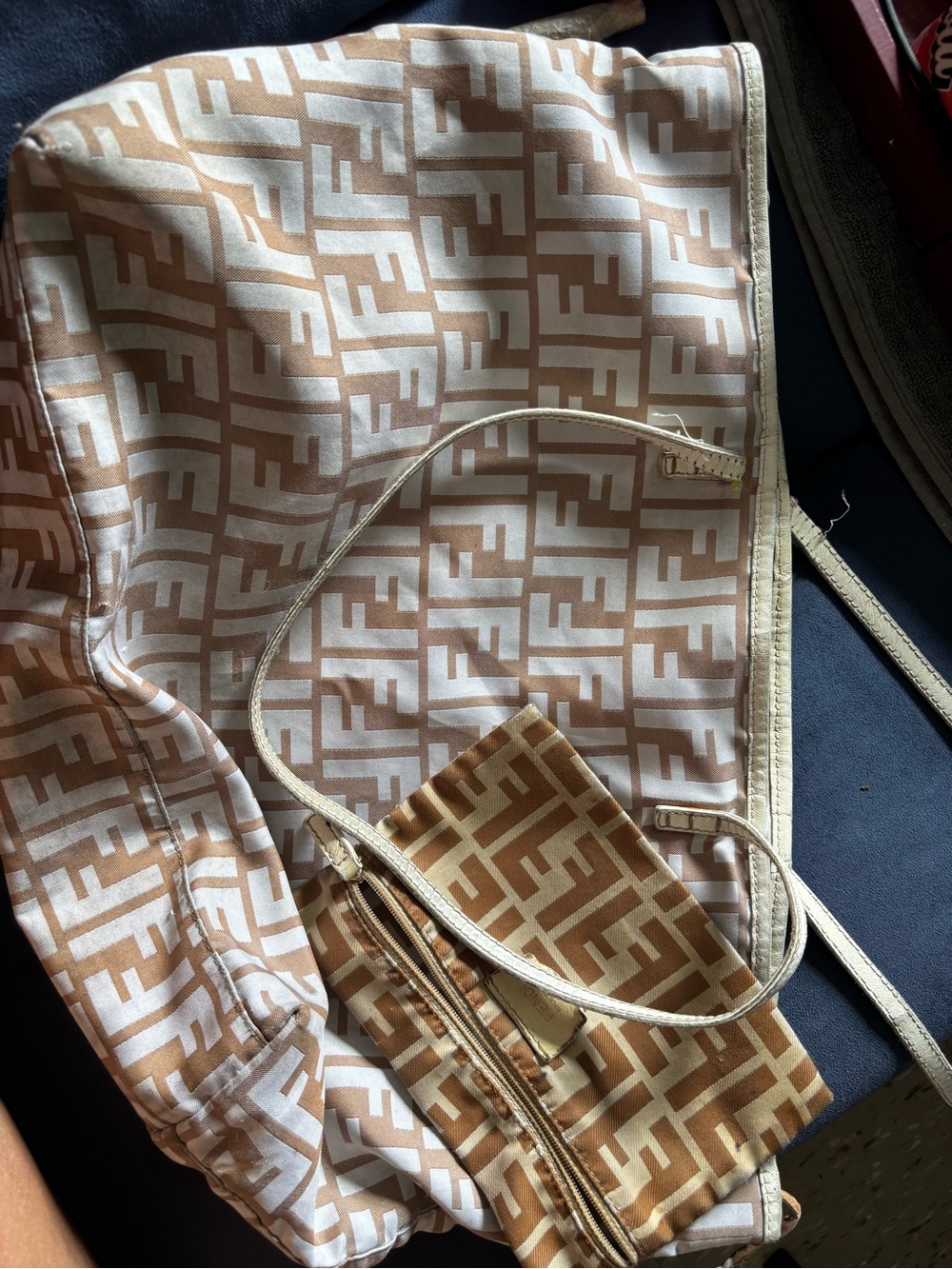 Fendi Beige & White FF Logo Tote with Matching Pouch